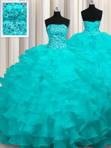 Aqua Blue Ball Gowns Strapless Sleeveless Organza With Train Sweep Train Lace Up Beading and Ruffles Quinceanera Dresses