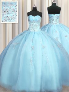 Big Puffy Floor Length Baby Blue Ball Gown Prom Dress Organza Sleeveless Beading and Appliques