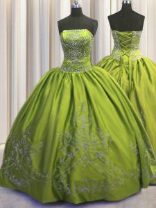 Taffeta Strapless Sleeveless Lace Up Beading and Embroidery Vestidos de Quinceanera in Olive Green