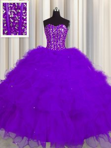 Popular Visible Boning Sweetheart Sleeveless Lace Up Quince Ball Gowns Purple Tulle