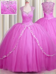 See Through Hot Pink Tulle Zipper Quinceanera Dress Cap Sleeves With Brush Train Beading and Appliques