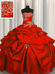Red Taffeta Lace Up Strapless Sleeveless Floor Length 15th Birthday Dress Appliques and Pick Ups