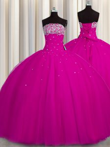 Colorful Puffy Skirt Fuchsia Tulle Lace Up Quinceanera Court of Honor Dress Sleeveless Floor Length Beading and Sequins