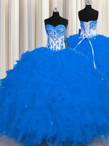 Suitable Appliques and Ruffles Vestidos de Quinceanera Royal Blue Lace Up Sleeveless Floor Length