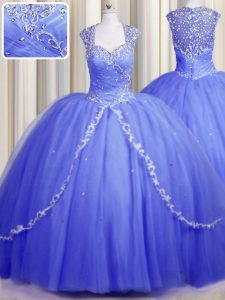 Chic Zipper Up Blue Quinceanera Gown Military Ball and Sweet 16 and Quinceanera and For with Beading and Appliques Sweetheart Cap Sleeves Brush Train Zipper