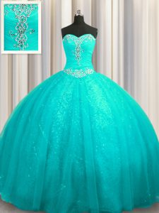 Graceful Organza and Sequined Sleeveless 15 Quinceanera Dress Court Train and Beading and Appliques