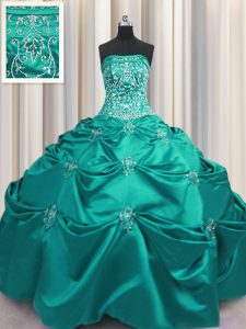 Dark Green Ball Gowns Strapless Sleeveless Taffeta Floor Length Lace Up Beading and Appliques and Embroidery 15 Quinceanera Dress