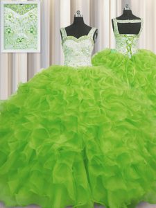 Yellow Green Sweet 16 Dress Military Ball and Sweet 16 and Quinceanera and For with Beading and Ruffles Straps Sleeveless Lace Up