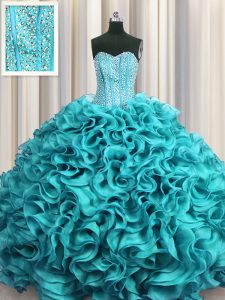 Deluxe Visible Boning Aqua Blue Ball Gowns Beading and Ruffles Quinceanera Dresses Lace Up Organza Sleeveless Floor Length