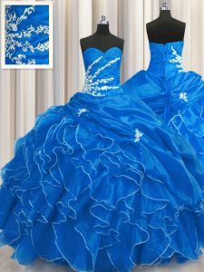 Sweetheart Sleeveless Quinceanera Gowns Floor Length Beading and Appliques and Ruffles Blue Organza