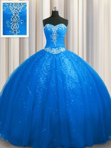 Spectacular Sweetheart Sleeveless Tulle and Sequined Sweet 16 Dress Beading and Appliques Court Train Lace Up