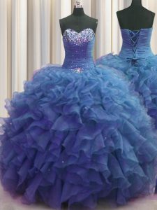 Captivating Beaded Bust Sleeveless Floor Length Beading and Ruffles Lace Up Vestidos de Quinceanera with Blue