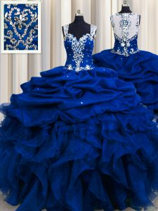 Unique Zipple Up Sequins See Through Back Floor Length Royal Blue Sweet 16 Quinceanera Dress Straps Sleeveless Zipper