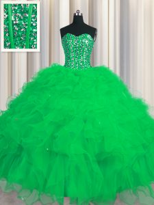 Elegant Visible Boning Sweetheart Sleeveless Lace Up 15 Quinceanera Dress Green Tulle