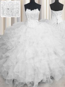 On Sale Scalloped White Sleeveless Beading and Ruffles Floor Length Quinceanera Dress