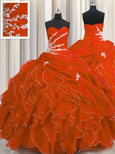 Enchanting Red Organza Lace Up Quinceanera Gown Sleeveless Floor Length Beading and Appliques and Ruffles