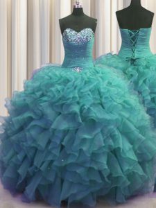 Beaded Bust Turquoise Sleeveless Floor Length Beading and Ruffles Lace Up Sweet 16 Quinceanera Dress