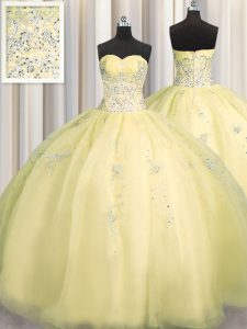 Really Puffy Light Yellow Organza Zipper Sweet 16 Quinceanera Dress Sleeveless Floor Length Beading and Appliques