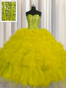 Dynamic Visible Boning Floor Length Yellow Ball Gown Prom Dress Sweetheart Sleeveless Lace Up