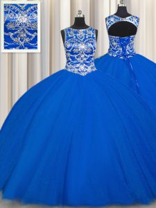 Sweet Scoop Sleeveless Quinceanera Dress Floor Length Beading Royal Blue Tulle
