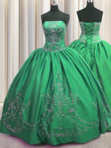 Green Ball Gowns Beading and Embroidery Quinceanera Gown Lace Up Taffeta Sleeveless Floor Length