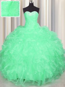 Inexpensive Apple Green Ball Gowns Sweetheart Sleeveless Organza Floor Length Lace Up Beading and Ruffles Vestidos de Quinceanera