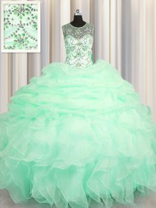 Scoop See Through Sleeveless Lace Up Floor Length Beading and Ruffles and Pick Ups Ball Gown Prom Dress