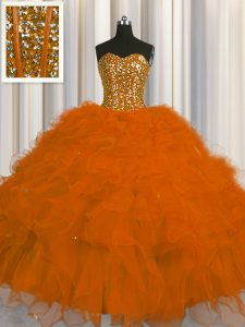 Dramatic Visible Boning Floor Length Lace Up Quinceanera Dresses Rust Red for Military Ball and Sweet 16 and Quinceanera with Beading and Ruffles and Sequins