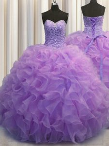 Delicate Lavender Ball Gowns Sweetheart Sleeveless Organza Floor Length Lace Up Beading and Ruffles Vestidos de Quinceanera