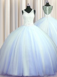 See Through Zipper Up Light Blue Ball Gowns V-neck Sleeveless Tulle With Brush Train Zipper Beading and Appliques Quinceanera Gowns