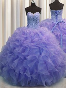 High Class Blue Ball Gowns Beading and Ruffles Sweet 16 Quinceanera Dress Lace Up Organza Sleeveless Floor Length