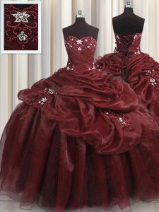 Shining Pick Ups Floor Length Ball Gowns Sleeveless Burgundy 15 Quinceanera Dress Lace Up