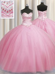 Bling-bling Big Puffy Rose Pink Lace Up Sweetheart Beading Sweet 16 Dress Tulle Sleeveless