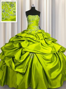 Sexy Taffeta Strapless Sleeveless Lace Up Beading and Pick Ups 15th Birthday Dress in Olive Green