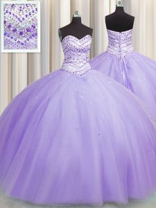 Decent Bling-bling Puffy Skirt Lavender Lace Up Sweetheart Beading Party Dress Wholesale Tulle Sleeveless