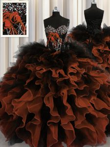 Red And Black Sweetheart Neckline Beading and Ruffles Vestidos de Quinceanera Sleeveless Lace Up