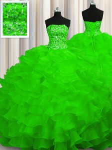 Admirable Organza Strapless Sleeveless Sweep Train Lace Up Beading and Ruffles Quinceanera Court Dresses in