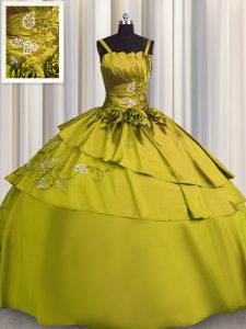 Elegant Olive Green Satin Lace Up Spaghetti Straps Sleeveless Floor Length Quince Ball Gowns Beading and Embroidery