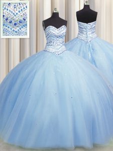 Super Bling-bling Big Puffy Light Blue Sweetheart Lace Up Beading Quinceanera Dresses Sleeveless