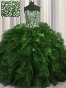 High Quality Visible Boning Brush Train Olive Green Sweetheart Neckline Beading and Ruffles Quince Ball Gowns Sleeveless Lace Up