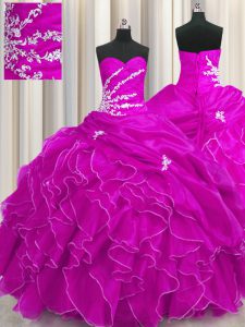 High End Floor Length Lace Up Sweet 16 Dress Fuchsia for Military Ball and Sweet 16 and Quinceanera with Beading and Appliques and Ruffles