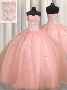 Dazzling Puffy Skirt Organza Sleeveless Floor Length 15 Quinceanera Dress and Beading and Appliques