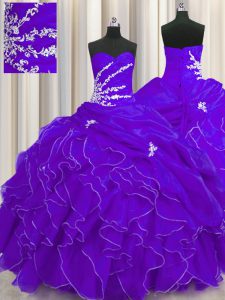 Floor Length Lace Up Vestidos de Quinceanera Purple for Military Ball and Sweet 16 and Quinceanera with Beading and Appliques and Ruffles