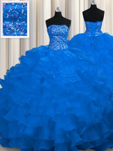Glamorous Organza Strapless Sleeveless Sweep Train Lace Up Beading and Ruffles Damas Dress in Royal Blue