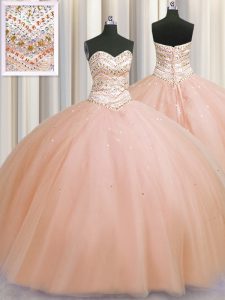 Ideal Bling-bling Really Puffy Floor Length Ball Gowns Sleeveless Peach Sweet 16 Dress Lace Up