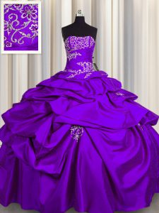 Chic Purple Strapless Lace Up Appliques and Pick Ups Sweet 16 Quinceanera Dress Sleeveless