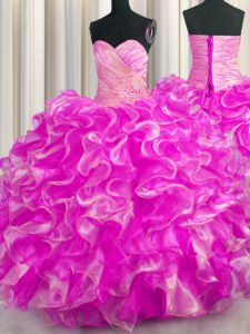 Rose Pink Lace Up 15th Birthday Dress Beading and Ruffles Sleeveless Floor Length