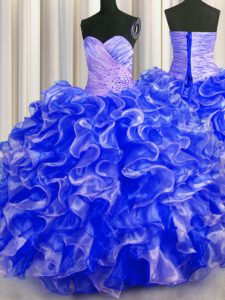 Royal Blue Sleeveless Beading and Ruffles Floor Length Party Dress for Girls