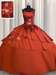 Custom Design Rust Red Satin Lace Up Ball Gown Prom Dress Sleeveless Floor Length Beading and Embroidery