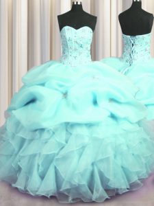 Colorful Visible Boning Aqua Blue Sleeveless Floor Length Beading and Ruffles and Pick Ups Lace Up Quinceanera Gown